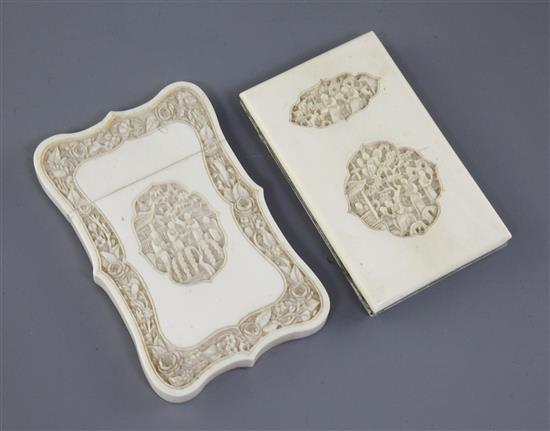 Two Chinese export ivory card cases, 19th century, 9.5 and 10.5cm